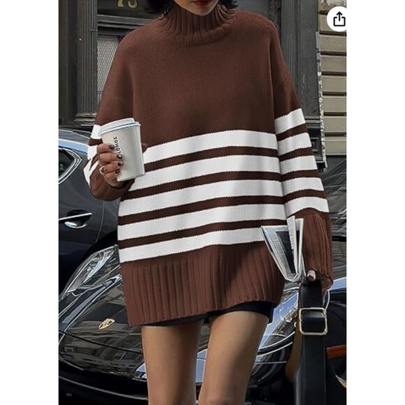 Women's Brown Striped Turtleneck Knit Long Sleeve Sweater, Oversized, Large - Picture 4 of 7